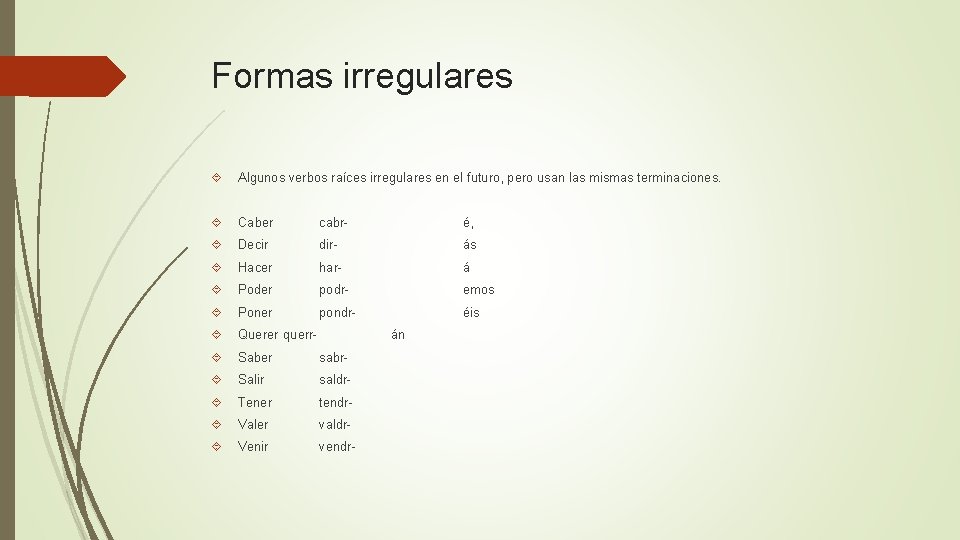 Formas irregulares Algunos verbos raíces irregulares en el futuro, pero usan las mismas terminaciones.