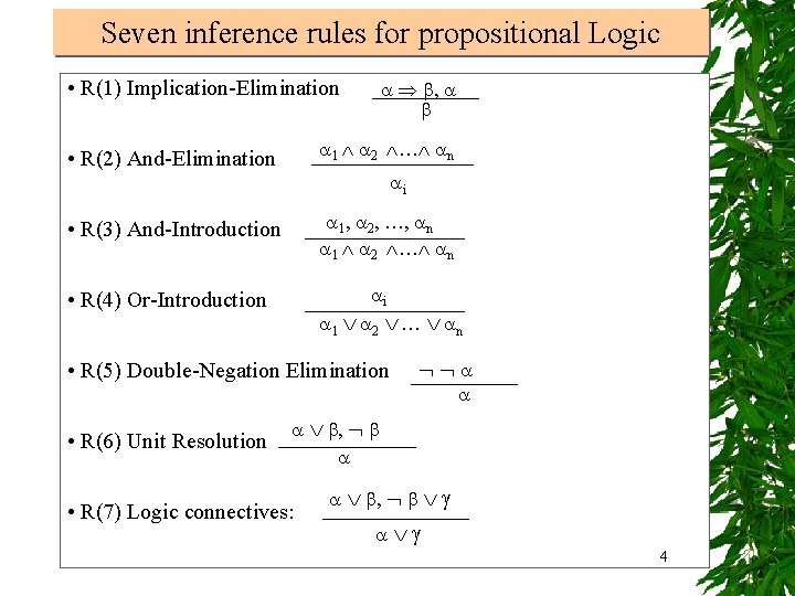 Seven inference rules for propositional Logic • R(1) Implication-Elimination , • R(2) And-Elimination 1