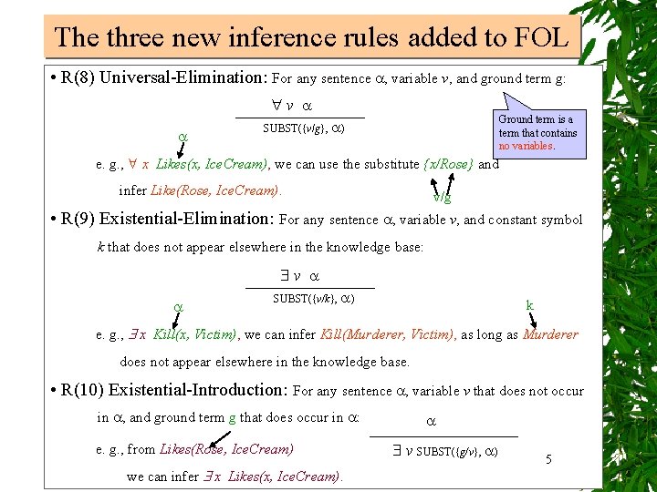 The three new inference rules added to FOL • R(8) Universal-Elimination: For any sentence