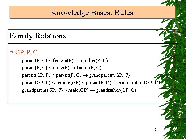 Knowledge Bases: Rules Family Relations GP, P, C parent(P, C) female(P) mother(P, C) parent(P,