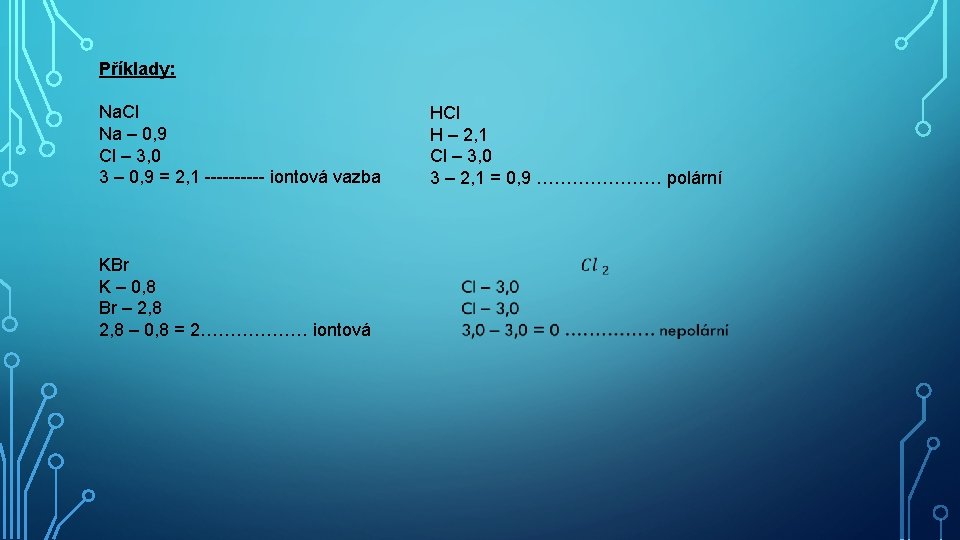 Příklady: Na. Cl Na – 0, 9 Cl – 3, 0 3 – 0,