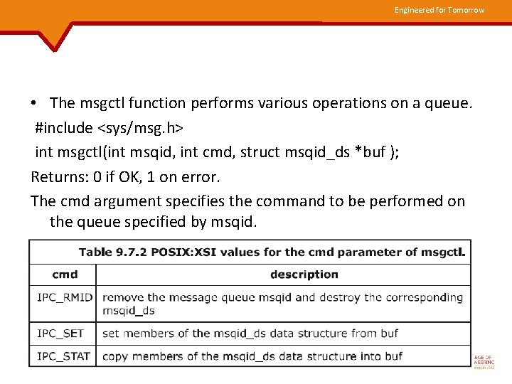 Engineered for Tomorrow • The msgctl function performs various operations on a queue. #include