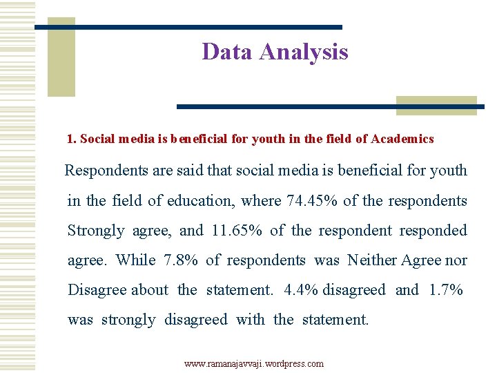 Data Analysis 1. Social media is beneficial for youth in the field of Academics