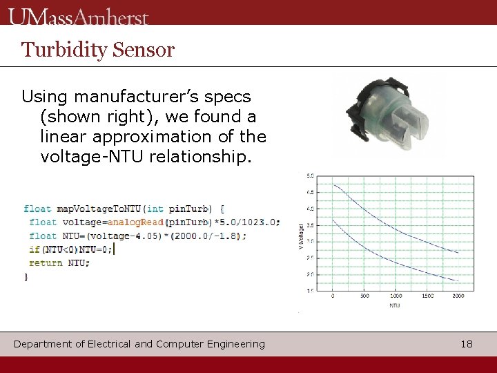Turbidity Sensor Using manufacturer’s specs (shown right), we found a linear approximation of the