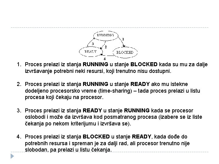 1. Proces prelazi iz stanja RUNNING u stanje BLOCKED kada su mu za dalje