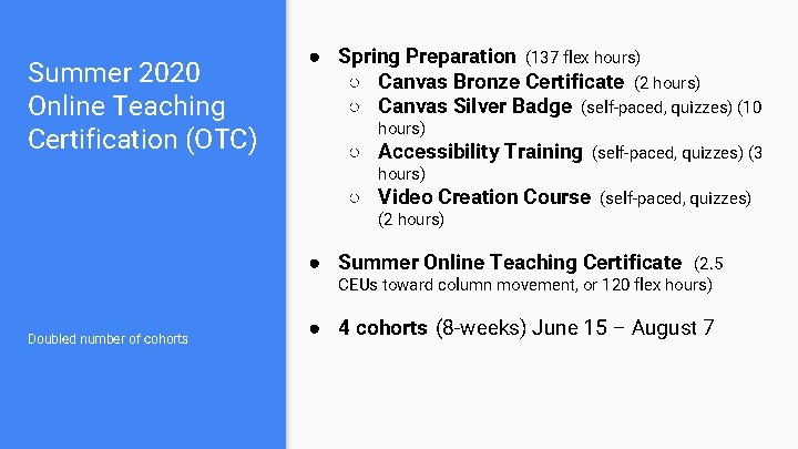 Summer 2020 Online Teaching Certification (OTC) ● Spring Preparation (137 flex hours) ○ Canvas