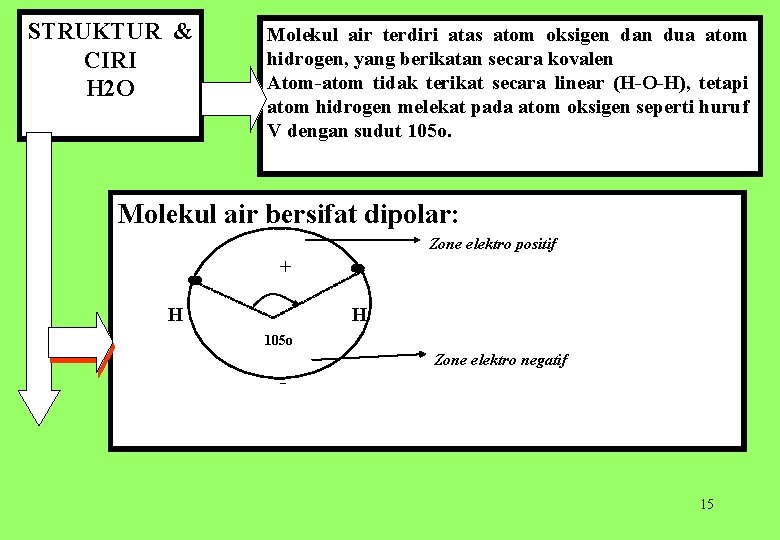 STRUKTUR & CIRI H 2 O Molekul air terdiri atas atom oksigen dan dua