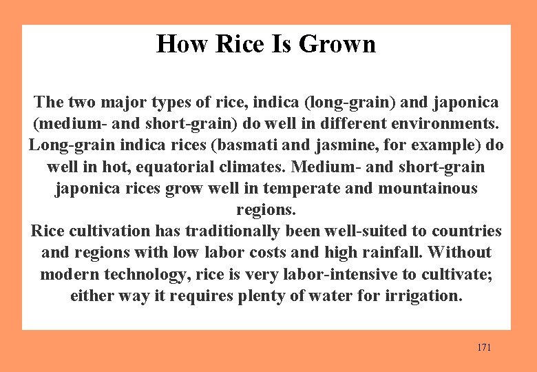 How Rice Is Grown The two major types of rice, indica (long grain) and