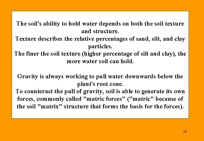 The soil's ability to hold water depends on both the soil texture and structure.