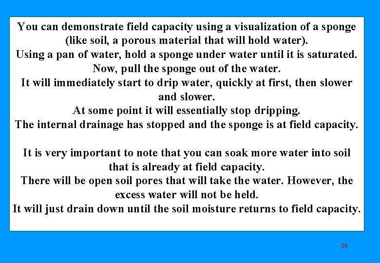 You can demonstrate field capacity using a visualization of a sponge (like soil, a