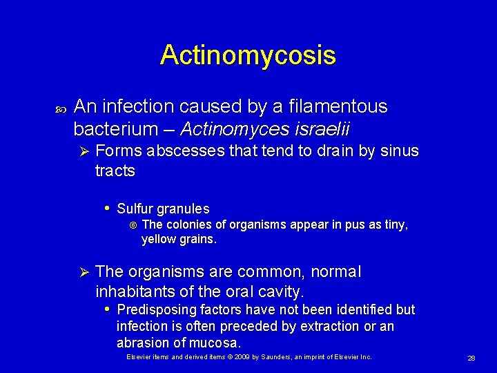 Actinomycosis An infection caused by a filamentous bacterium – Actinomyces israelii Ø Forms abscesses