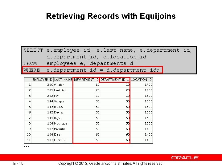 Retrieving Records with Equijoins SELECT e. employee_id, e. last_name, e. department_id, d. location_id FROM Retrieving Records with Equijoins SELECT e. employee_id, e. last_name, e. department_id, d. location_id FROM