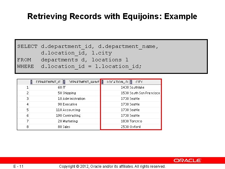 Retrieving Records with Equijoins: Example SELECT d. department_id, d. department_name, d. location_id, l. city Retrieving Records with Equijoins: Example SELECT d. department_id, d. department_name, d. location_id, l. city