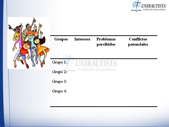 Grupos Grupo 1: Grupo 2: Grupo 3: Grupo 4: Intereses Problemas percibidos Conflictos potenciales Grupos Grupo 1: Grupo 2: Grupo 3: Grupo 4: Intereses Problemas percibidos Conflictos potenciales