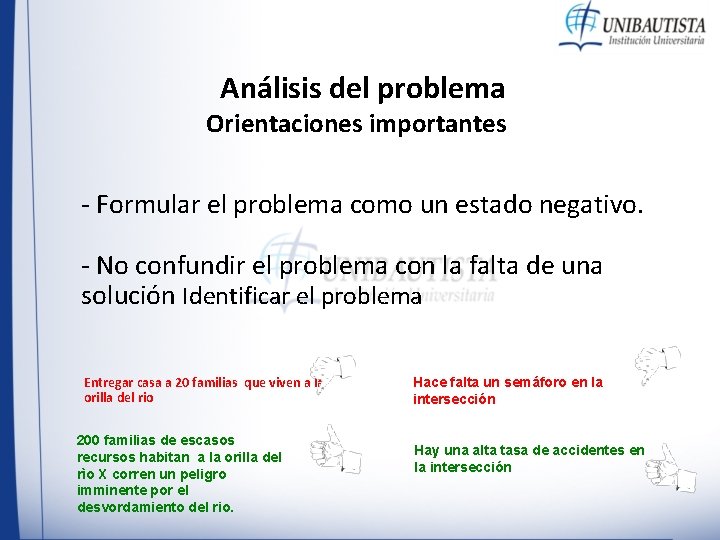 Análisis del problema Orientaciones importantes - Formular el problema como un estado negativo. - Análisis del problema Orientaciones importantes - Formular el problema como un estado negativo. -