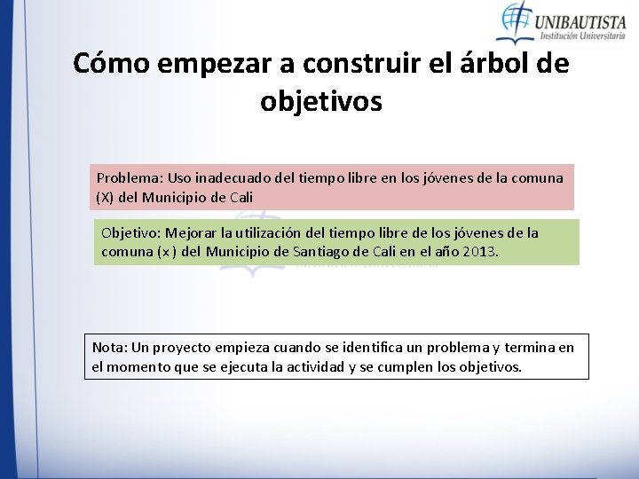 Cómo empezar a construir el árbol de objetivos Problema: Uso inadecuado del tiempo libre Cómo empezar a construir el árbol de objetivos Problema: Uso inadecuado del tiempo libre