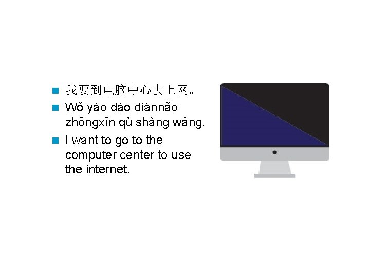 我要到电脑中心去上网。 n Wǒ yào diànnǎo zhōngxīn qù shàng wǎng. n I want to go