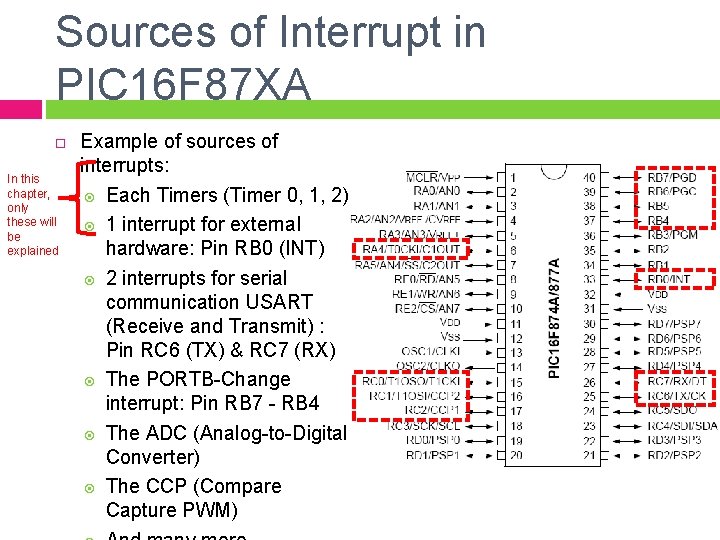 Sources of Interrupt in PIC 16 F 87 XA In this chapter, only these