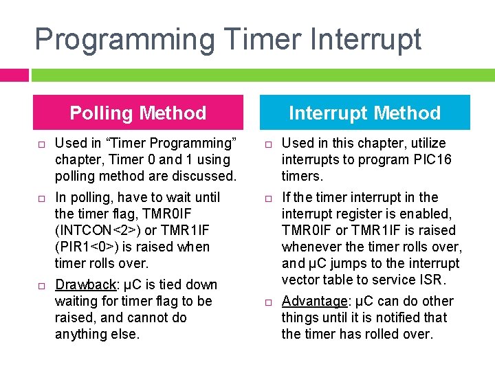 Programming Timer Interrupt Polling Method Used in “Timer Programming” chapter, Timer 0 and 1