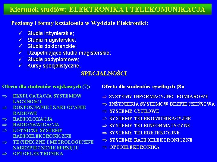 Kierunek studiów: ELEKTRONIKA I TELEKOMUNIKACJA Poziomy i formy kształcenia w Wydziale Elektroniki: ü ü