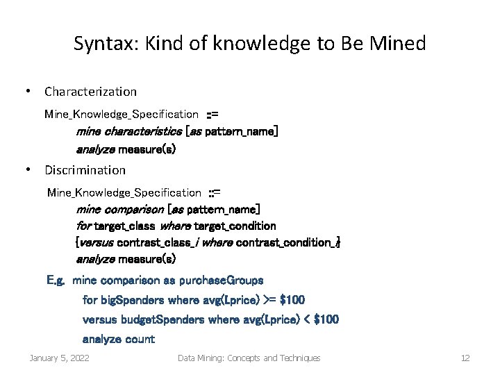 Syntax: Kind of knowledge to Be Mined • Characterization Mine_Knowledge_Specification : : = mine