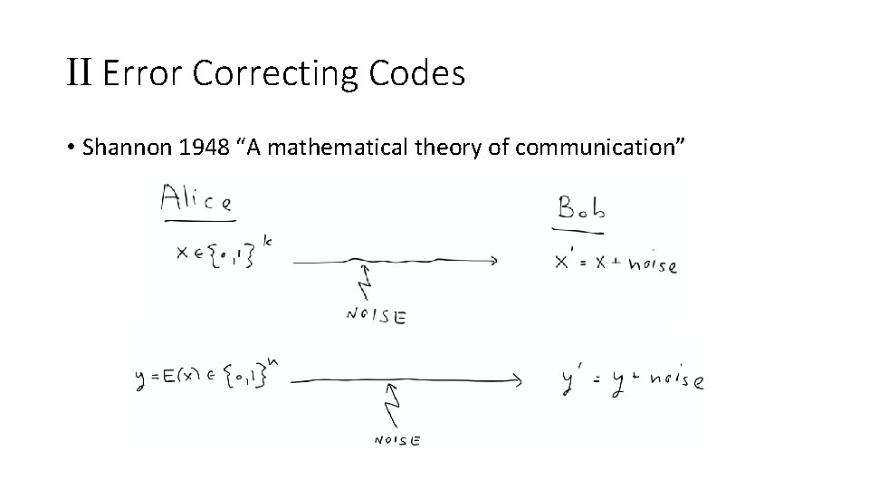 II Error Correcting Codes • Shannon 1948 “A mathematical theory of communication” 