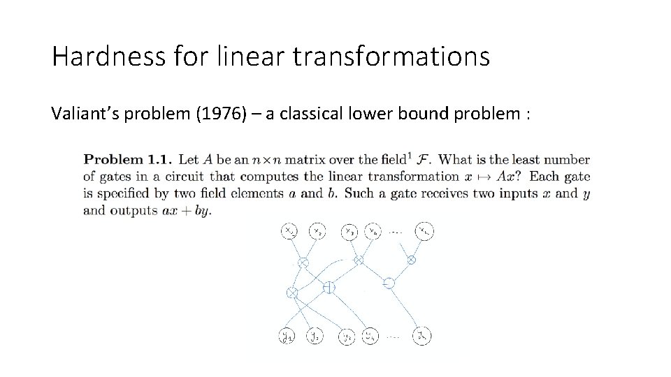 Hardness for linear transformations Valiant’s problem (1976) – a classical lower bound problem :