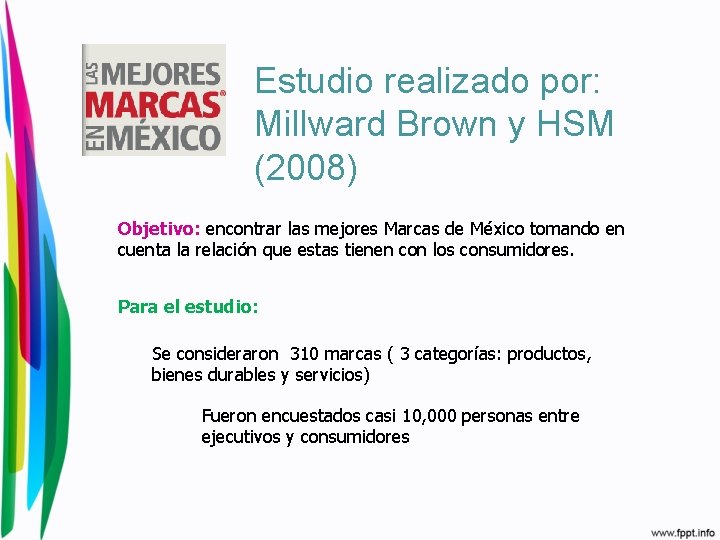 Estudio realizado por: Millward Brown y HSM (2008) Objetivo: encontrar las mejores Marcas de