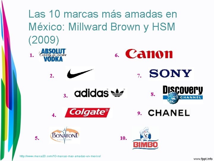 Las 10 marcas más amadas en México: Millward Brown y HSM (2009) 1. 6.