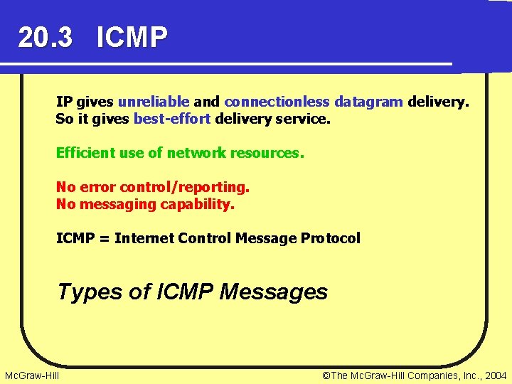 20. 3 ICMP IP gives unreliable and connectionless datagram delivery. So it gives best-effort