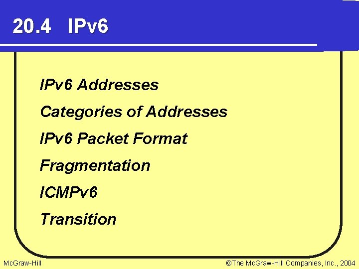 20. 4 IPv 6 Addresses Categories of Addresses IPv 6 Packet Format Fragmentation ICMPv