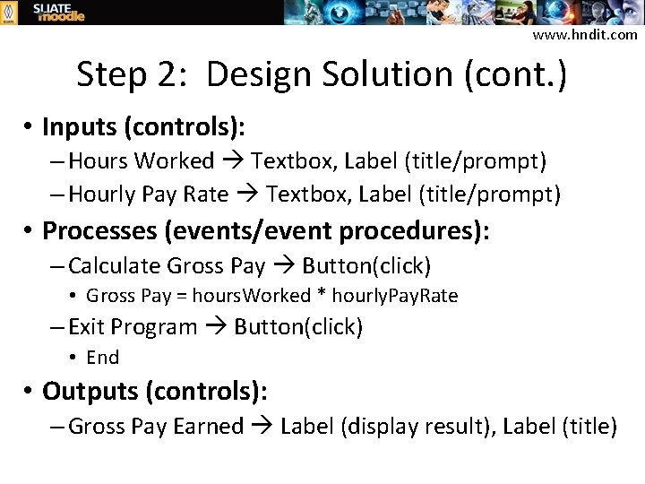 www. hndit. com Step 2: Design Solution (cont. ) • Inputs (controls): – Hours