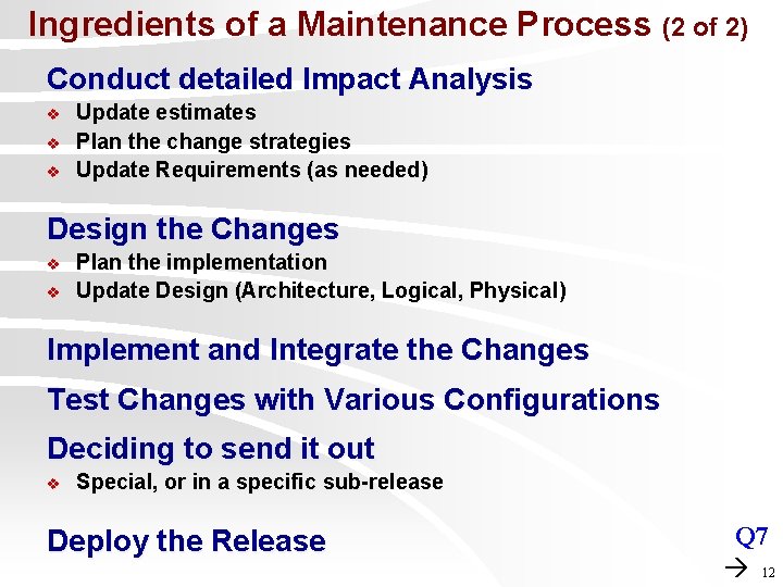 Ingredients of a Maintenance Process (2 of 2) Conduct detailed Impact Analysis v v