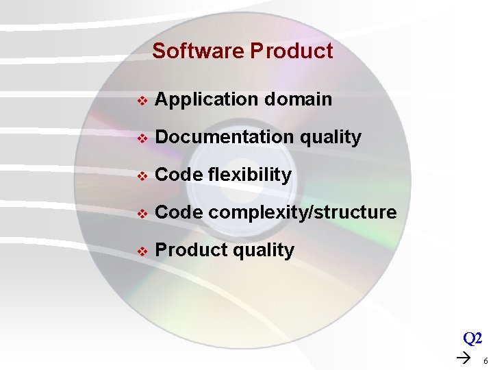 Software Product v Application domain v Documentation quality v Code flexibility v Code complexity/structure