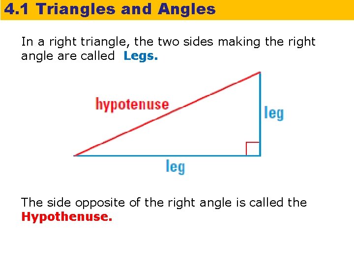 4. 1 Triangles and Angles In a right triangle, the two sides making the