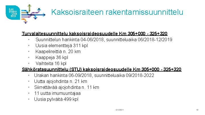 Kaksoisraiteen rakentamissuunnittelu Turvalaitesuunnittelu kaksoisraideosuudelle Km 305+000 - 325+320 • Suunnittelun hankinta 04 -06/2018, suunnitteluaika