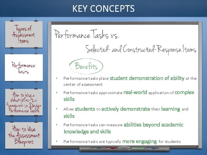 KEY CONCEPTS • Performance tasks place student demonstration of ability at the center of