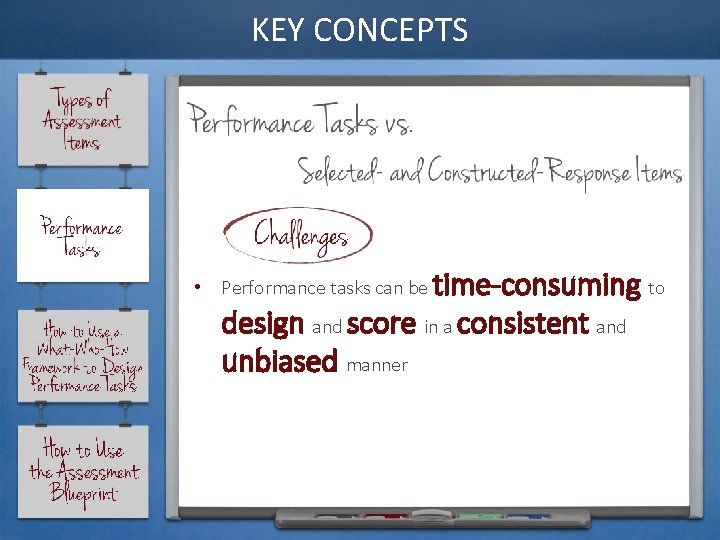 KEY CONCEPTS • Performance tasks can be time-consuming to design and score in a