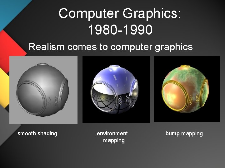 Computer Graphics: 1980 -1990 Realism comes to computer graphics smooth shading environment mapping bump