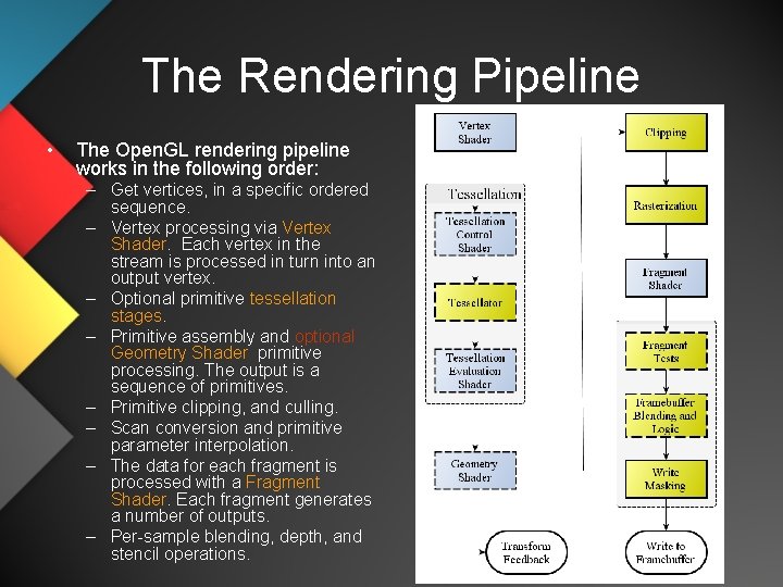 The Rendering Pipeline • The Open. GL rendering pipeline works in the following order: