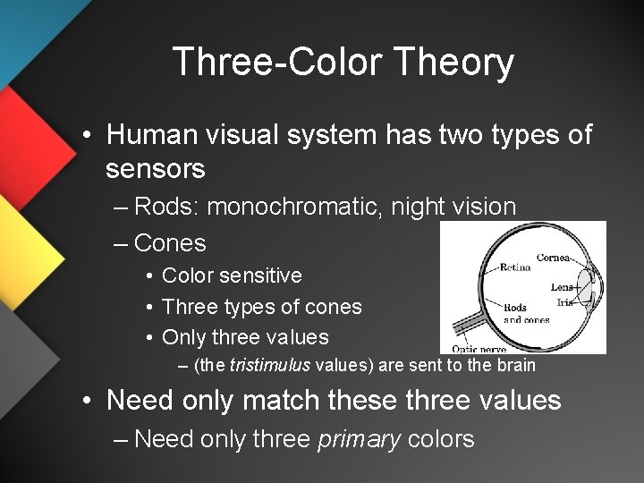 Three-Color Theory • Human visual system has two types of sensors – Rods: monochromatic,