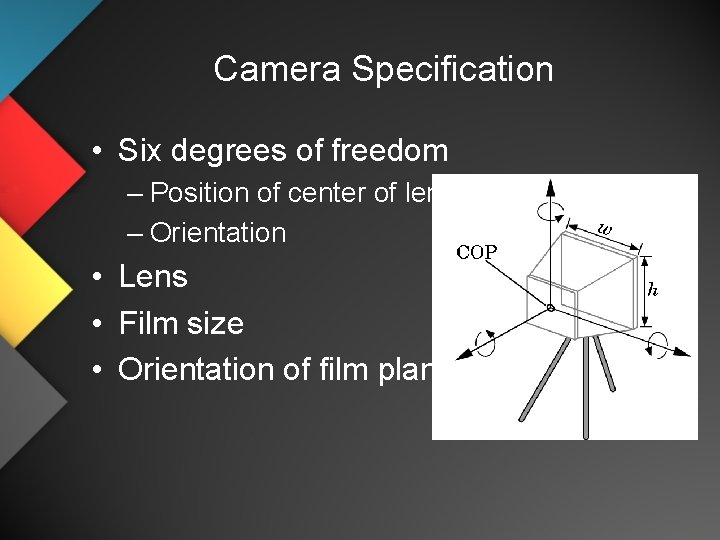 Camera Specification • Six degrees of freedom – Position of center of lens –