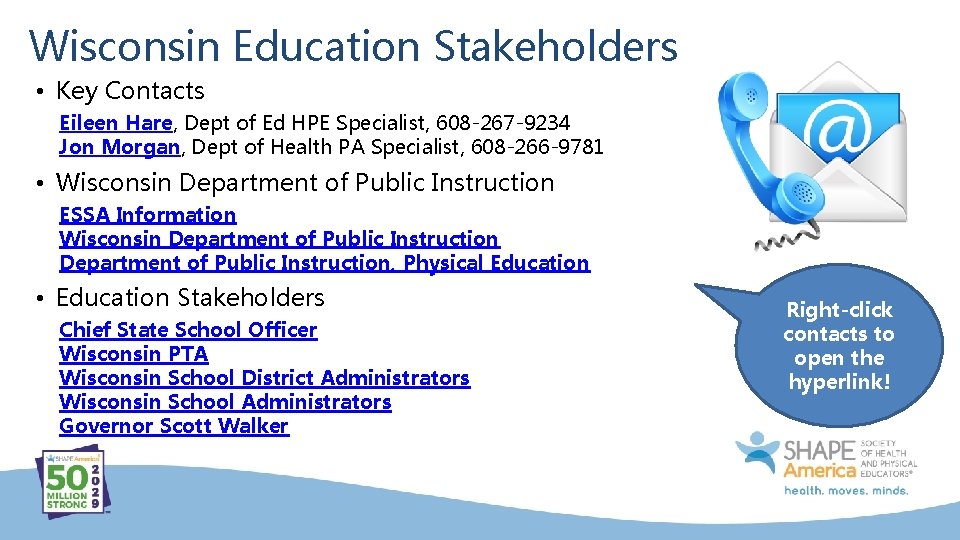 Wisconsin Education Stakeholders • Key Contacts Eileen Hare, Dept of Ed HPE Specialist, 608