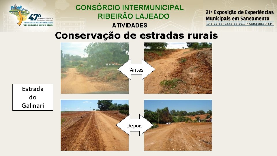 CONSÓRCIO INTERMUNICIPAL RIBEIRÃO LAJEADO ATIVIDADES Conservação de estradas rurais Antes Estrada do Galinari Depois