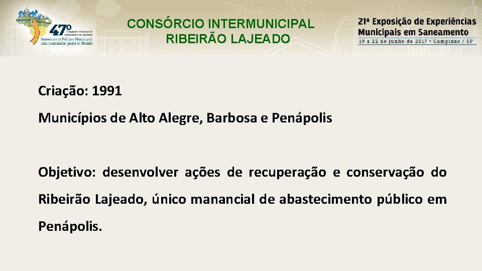 CONSÓRCIO INTERMUNICIPAL RIBEIRÃO LAJEADO Criação: 1991 Municípios de Alto Alegre, Barbosa e Penápolis Objetivo: