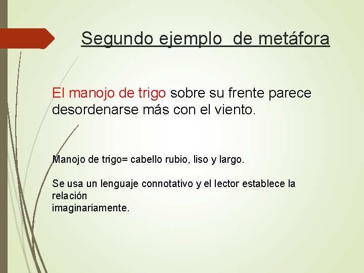 Segundo ejemplo de metáfora El manojo de trigo sobre su frente parece desordenarse más