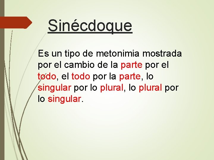 Sinécdoque Es un tipo de metonimia mostrada por el cambio de la parte por