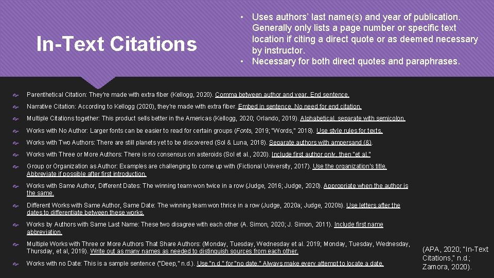 In-Text Citations • Uses authors’ last name(s) and year of publication. Generally only lists