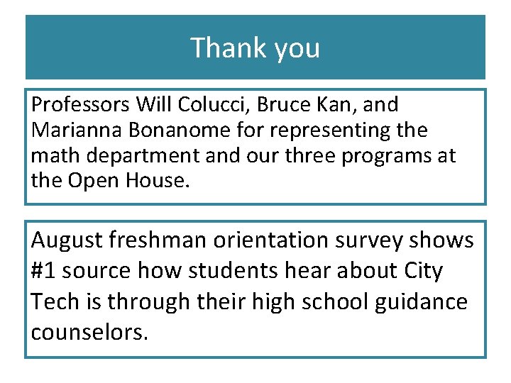 Thank you Professors Will Colucci, Bruce Kan, and Marianna Bonanome for representing the math