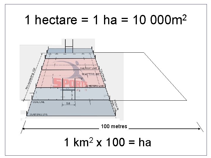1 hectare = 1 ha = 10 000 m 2 100 metres 1 km